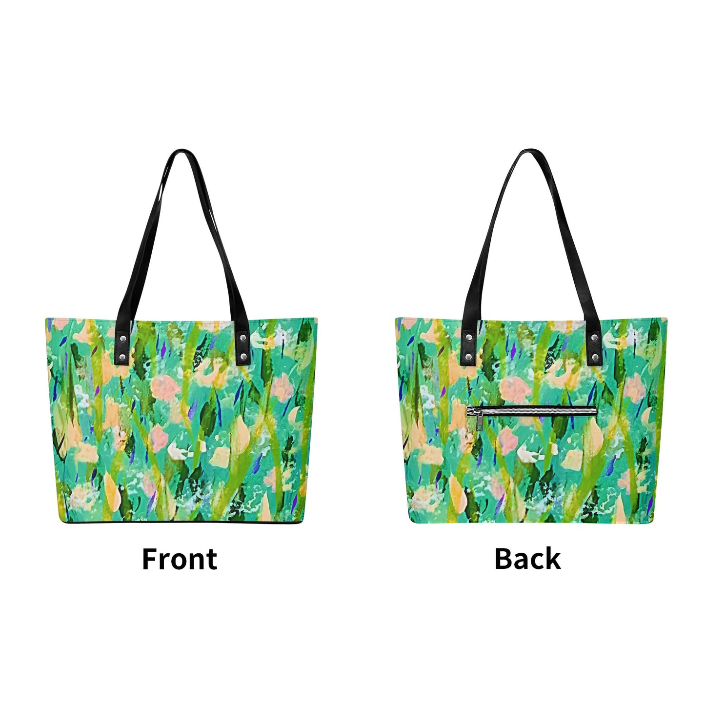 Leather Tote Bag with Front Zipper Pocket