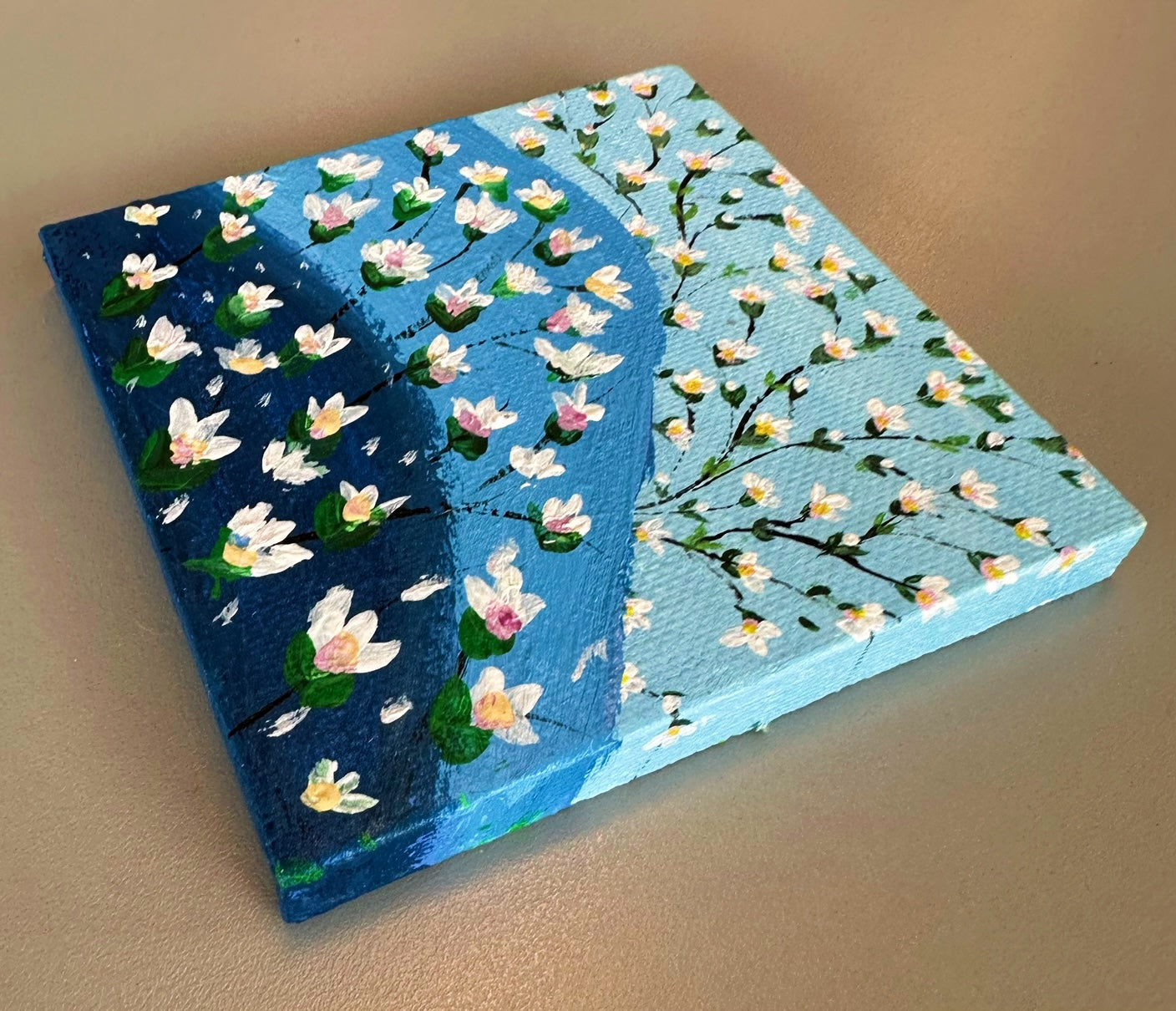 White Flowers on Blue Painting