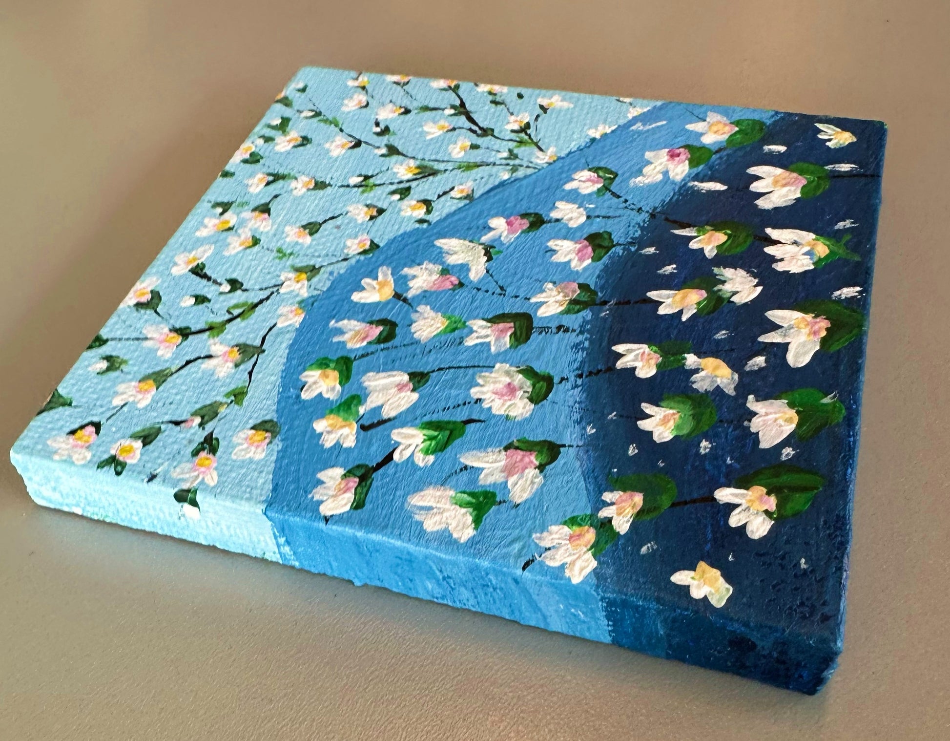 White Flowers on Blue Painting