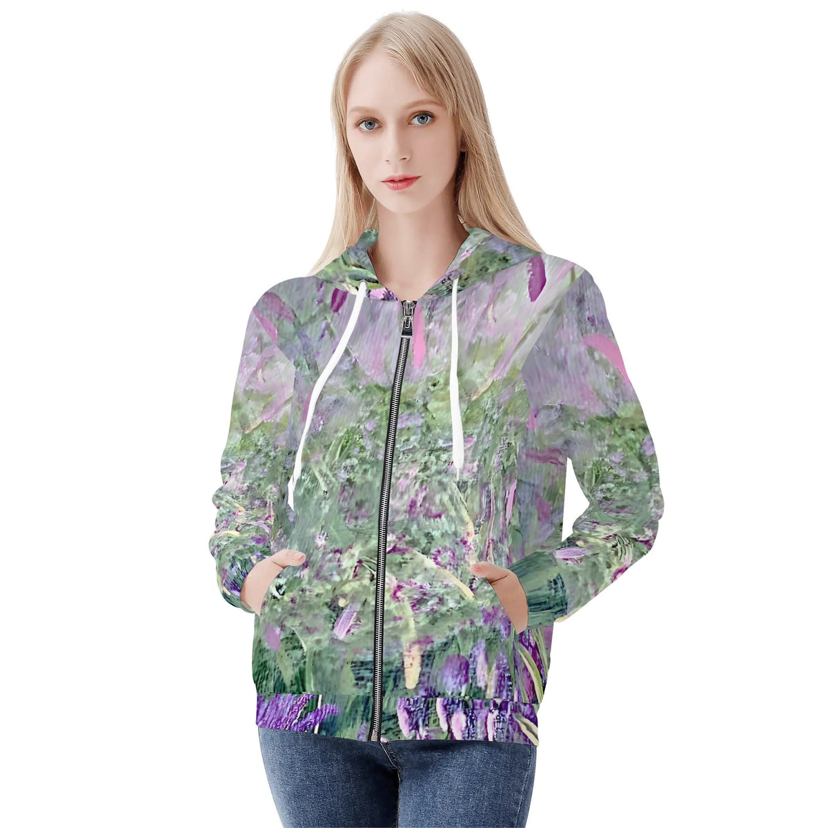 Women's zip-up hoodie with Misty Lavender Garden painting by Barbara Goodman