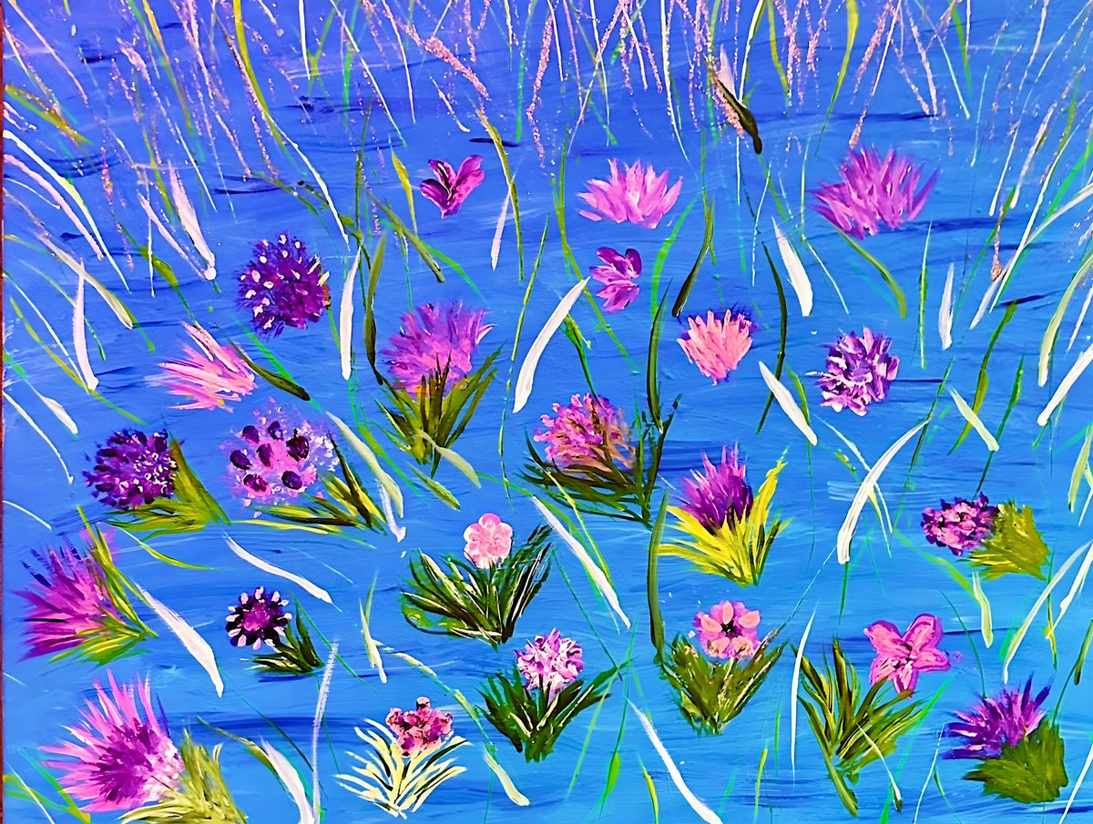 Pink Flowers on Blue – painting by Barbara Goodman