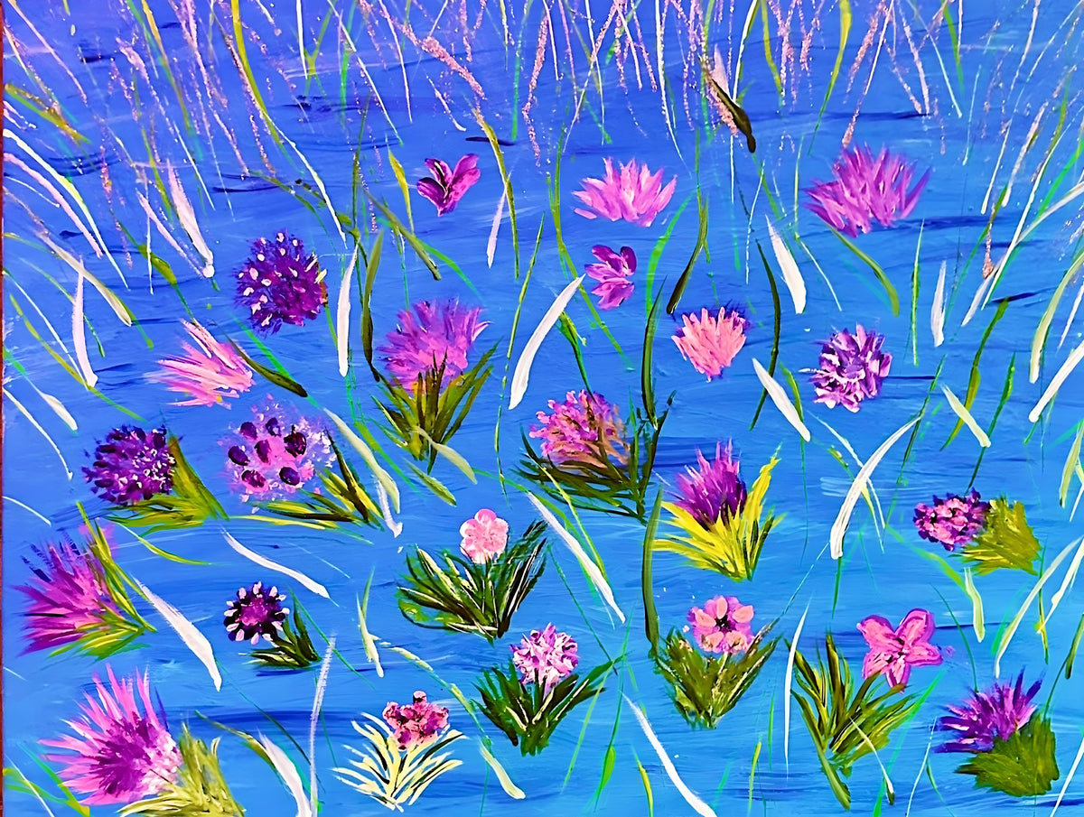 The painting "Pink Flowers on Blue" – original art by Barbara Goodman