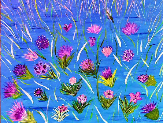 The painting "Pink Flowers on Blue" – original art by Barbara Goodman