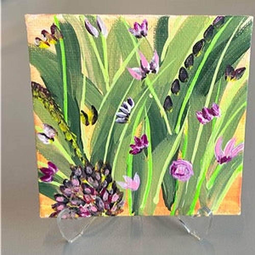 Purple Flowers on Orange Painting